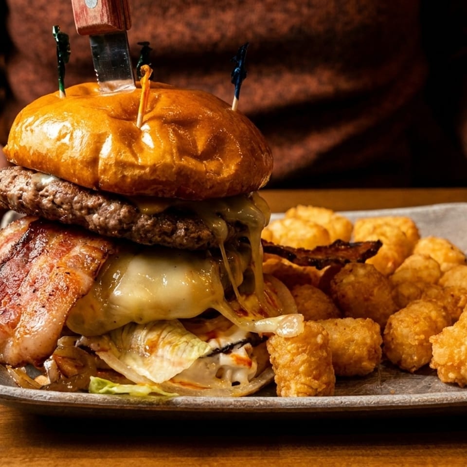 A large bacon cheeseburger with melted cheese and tater tots on a plate, with a person's hands in the background.