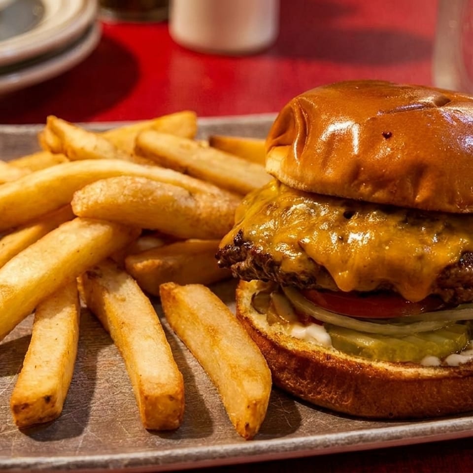 Cheeseburger with melted cheese, tomato, onion, pickles, and a side of golden french fries.