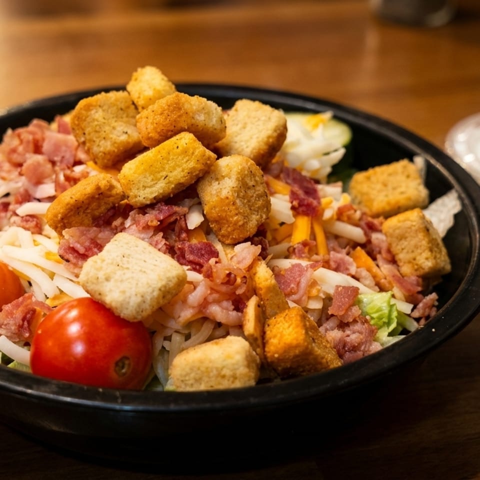 A salad in a black bowl with lettuce, tomatoes, bacon, cheese, and croutons, with dressing on the side.
