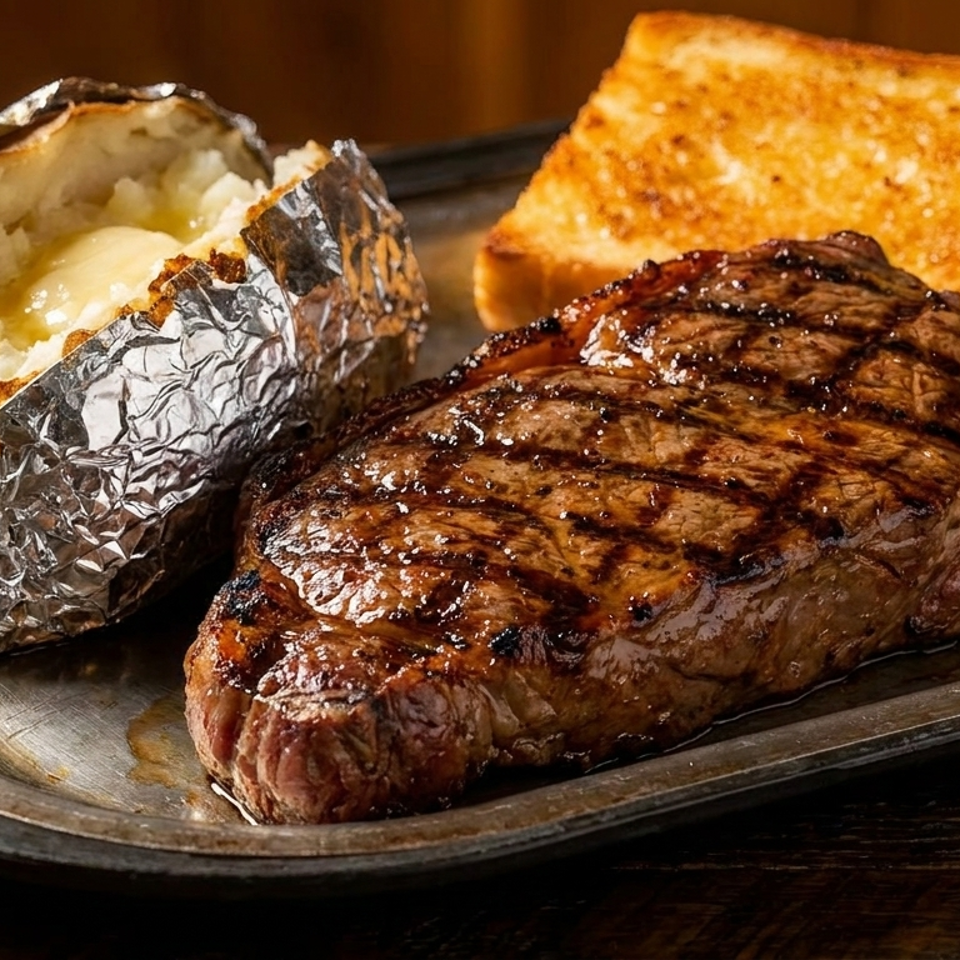 Grilled steak with grill marks, a foil-wrapped baked potato with butter, and Texas toast on a metal plate.