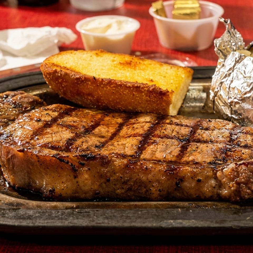 Grilled steak, garlic bread, and a foil-wrapped baked potato on a metal platter.