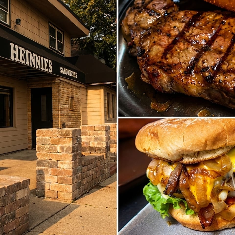 Heinnies restaurant exterior, a grilled steak, and a loaded burger with fries.
