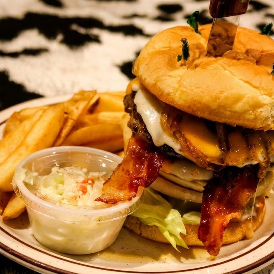 A towering burger with bacon, cheese, and onion rings, served with fries and coleslaw.