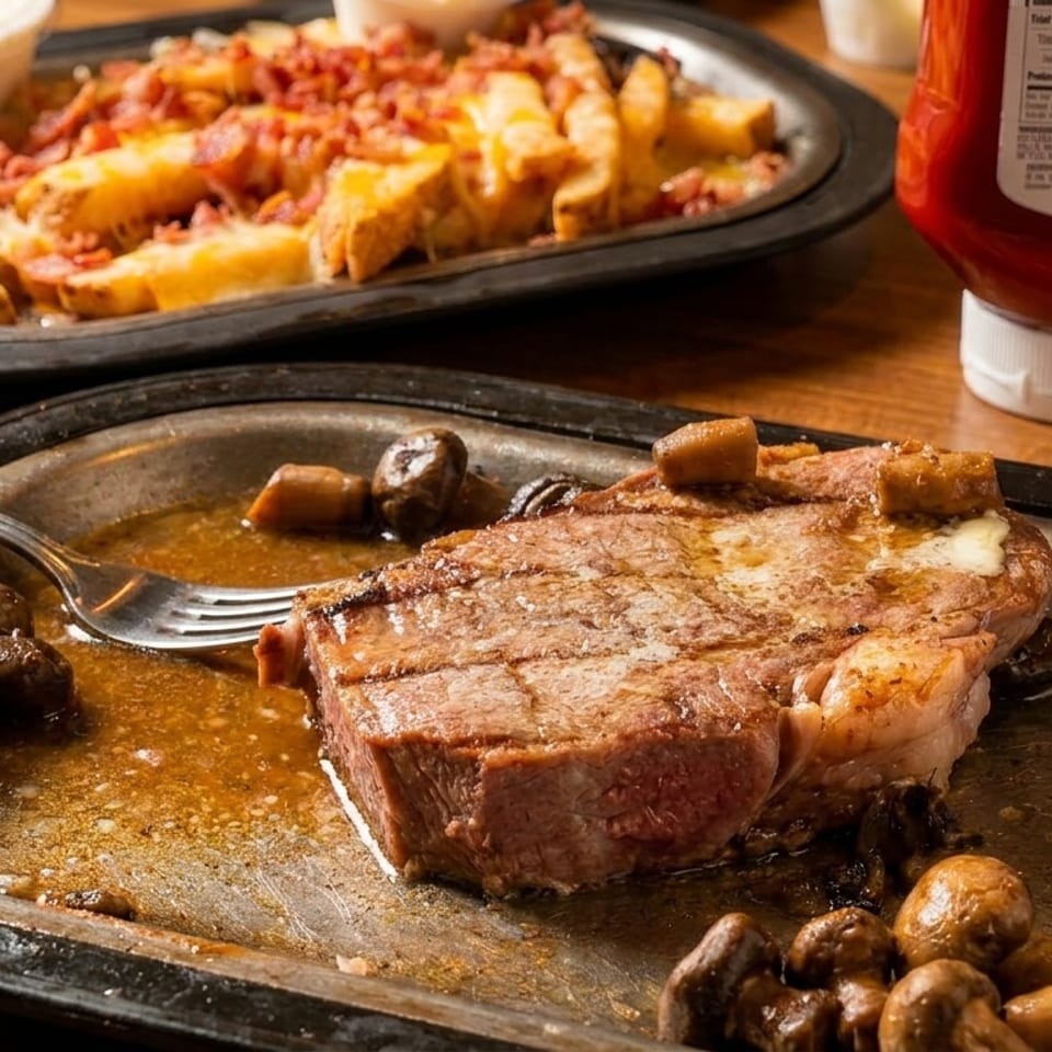 Grilled steak with mushrooms on a sizzling platter, with loaded fries and ketchup in the background.