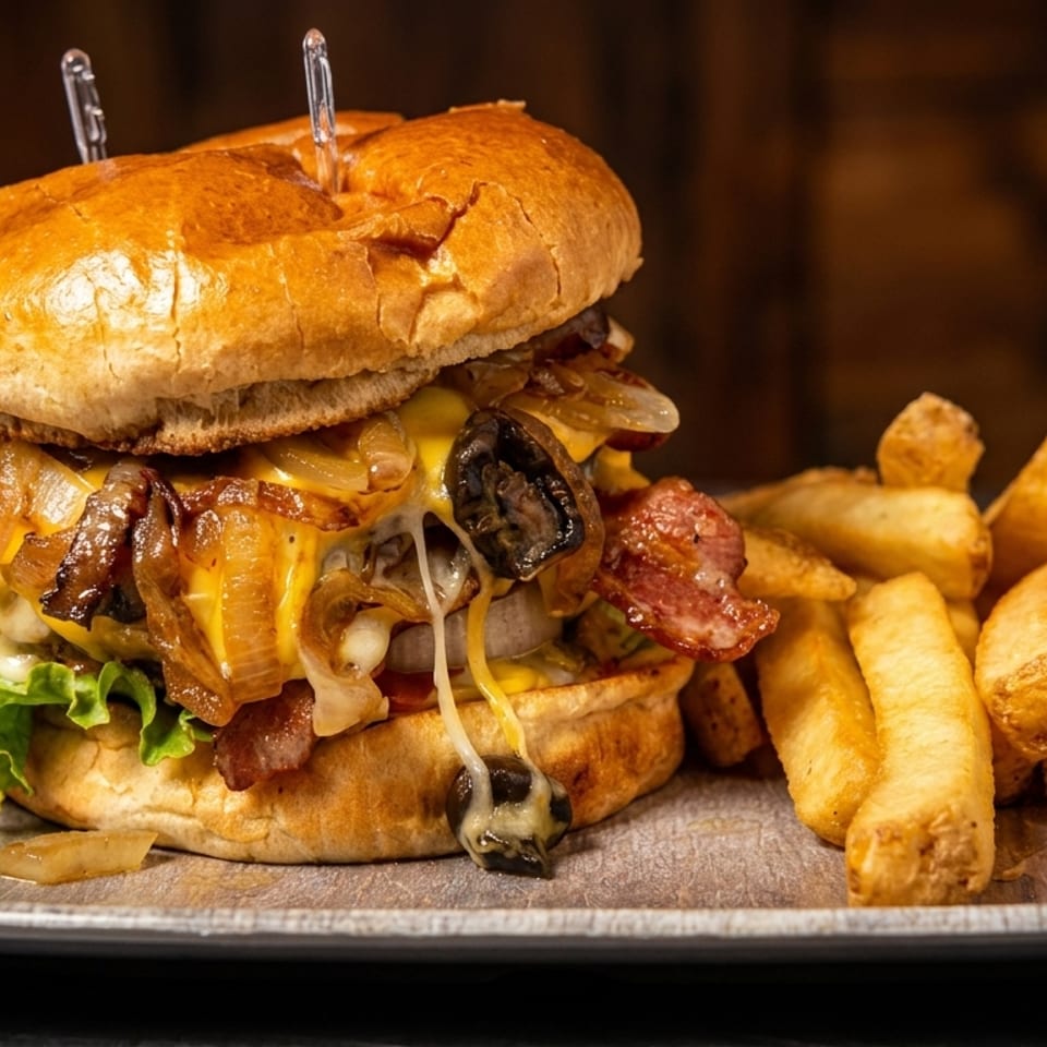 A loaded burger with melted cheese, caramelized onions, bacon, and lettuce, served with thick-cut fries.